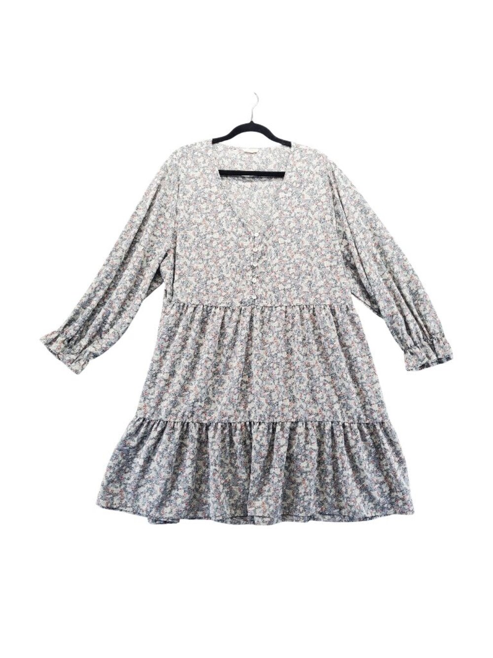 Jodifl Dress Womens 2X Gray Floral Long Sleeve Tiered Polyester Plus Size